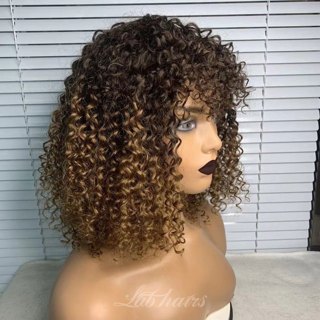 Ombre Copper Blonde Luscious Bubble Curly Bob Wig With Bangs