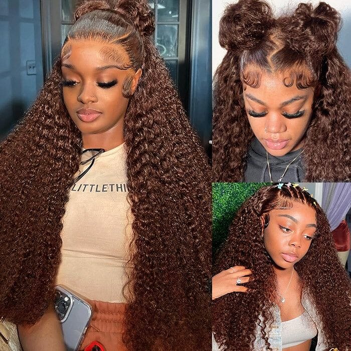 New Chocolate Brown Color Full Lace Transparent Kinky Curly Wig