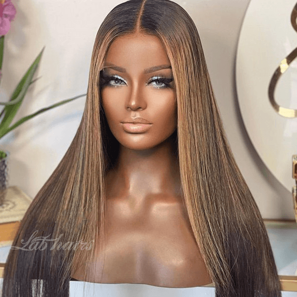 Top Swiss HD Lace Frontal Wig Straight Brown Hair with Blonde Highlight