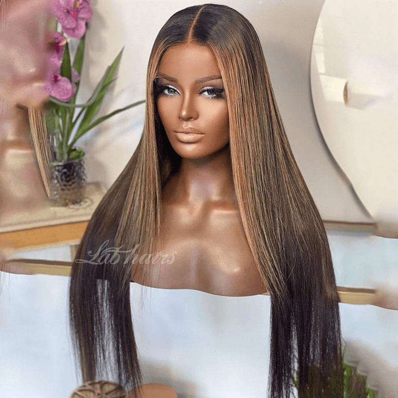 Top Swiss HD Lace Frontal Wig Straight Brown Hair with Blonde Highlight