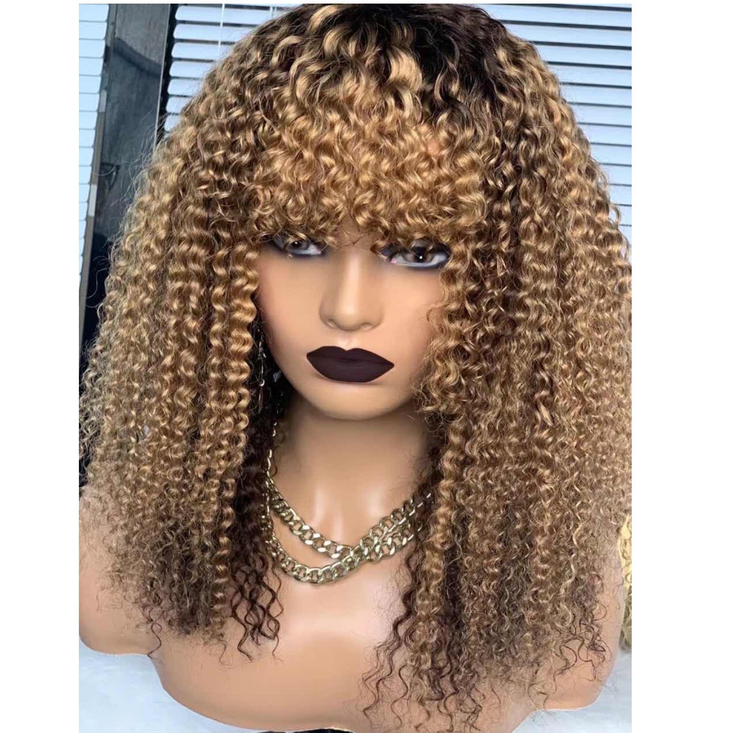 Labhairs Ombre Honey Blonde Luscious Bubble Curly Full Machine Bob Wig With Bangs