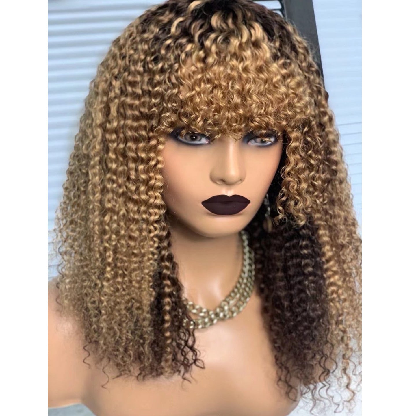 Labhairs Ombre Honey Blonde Luscious Bubble Curly Full Machine Bob Wig With Bangs