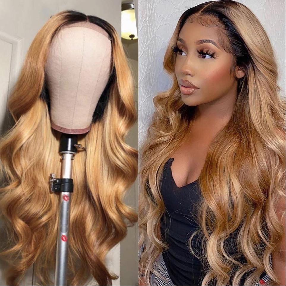 Black Roots Honey Brown Ombre Human Hair Lace Front Wig | Loose Body Wave | Straight