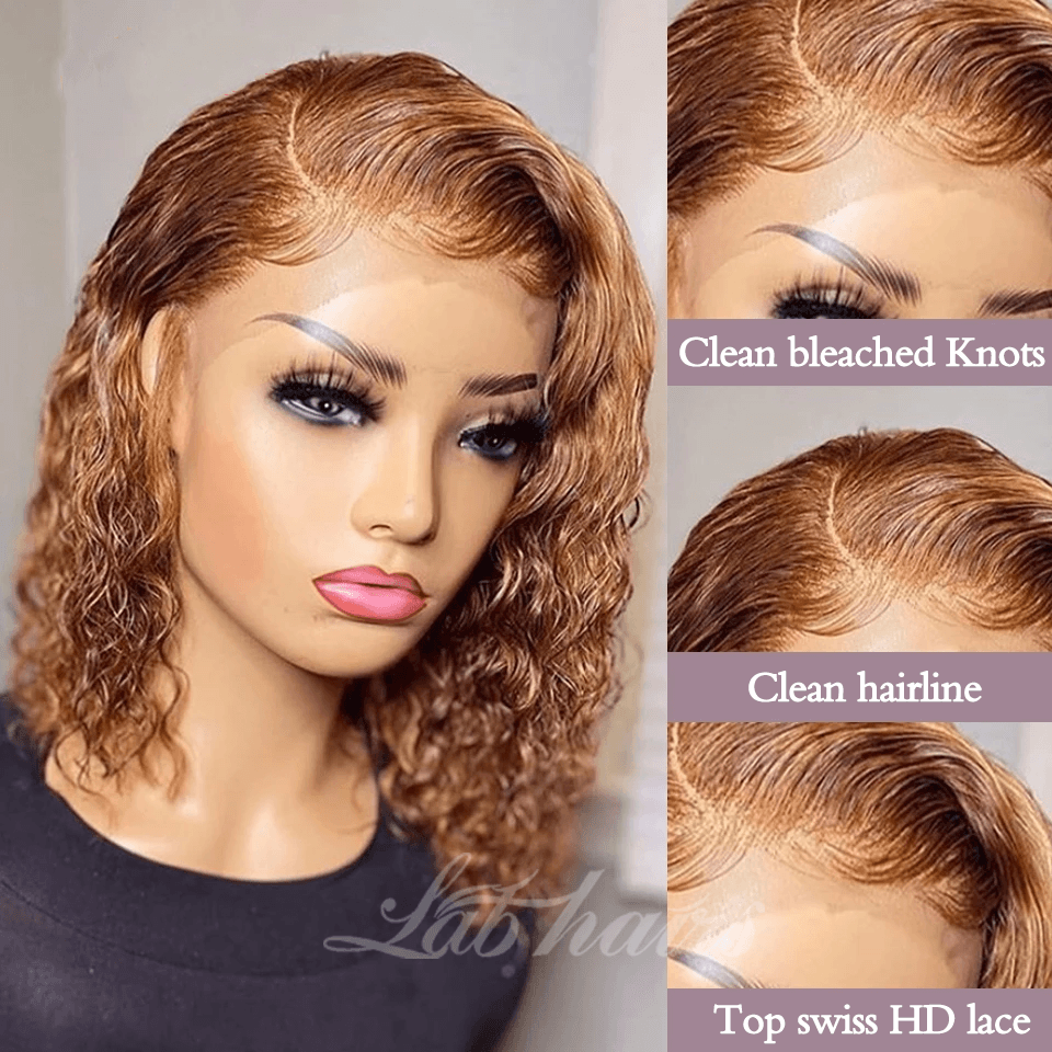 Short curly Honey Blonde Bob Wig Lace Front Human Hair Wigs Top Swiss HD Lace