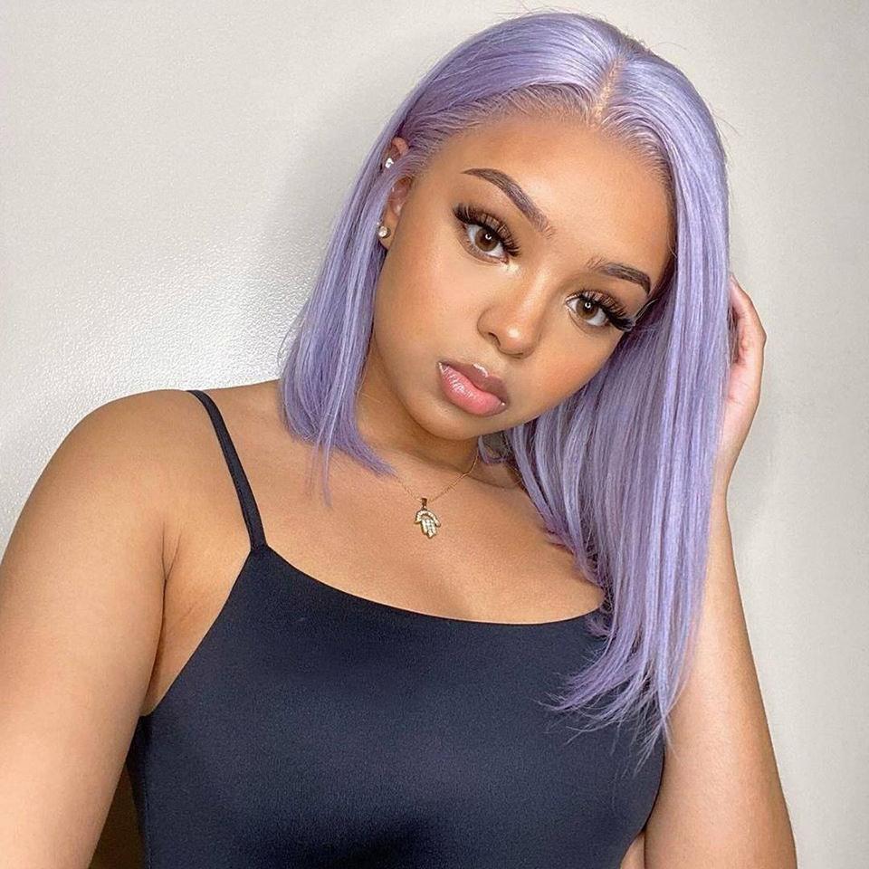 Glueless Preplucked Short Straight Bob Light Purple Human Hair Lace Front Wigs