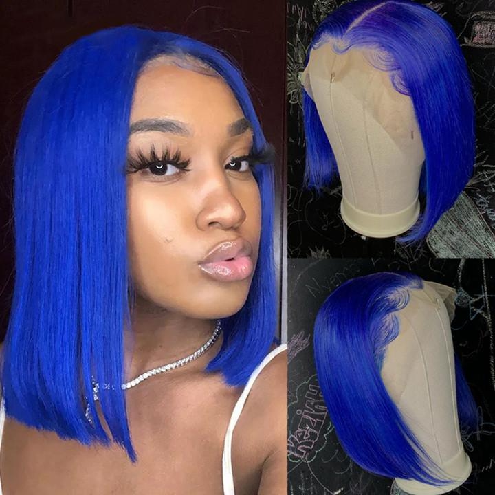 Blue Human Hair Bob Wig Brazilian Virgin Hair Middle Part Lace Wigs