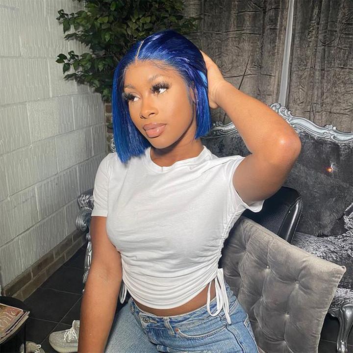 Blue Human Hair Bob Wig Brazilian Virgin Hair Middle Part Lace Wigs