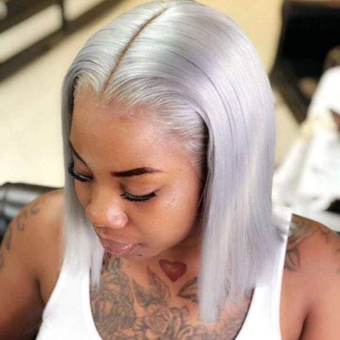 Sliver Grey Color Transparent Lace Frontal Human Hair Bob Wig